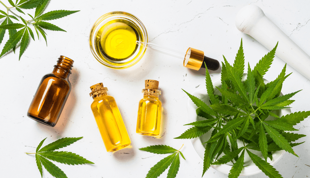 Cannabis Pflanze und Extrakte auf weißem Tisch