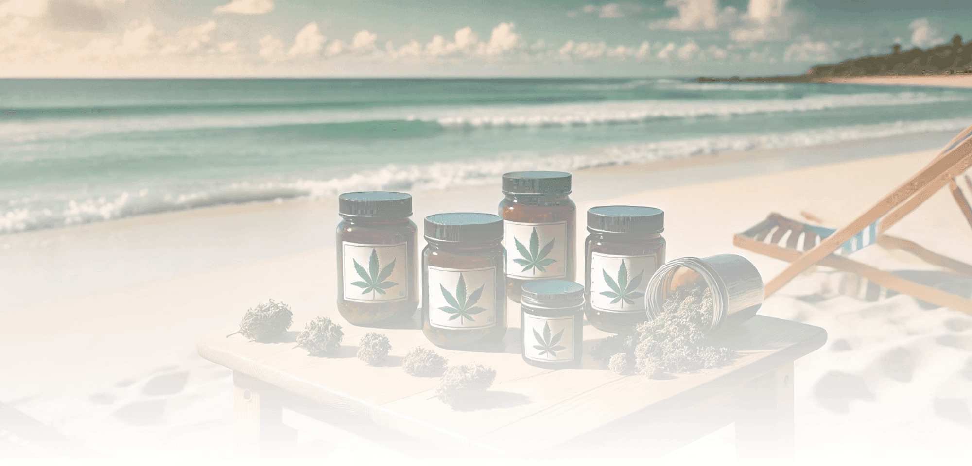 Cannabis Gefäße auf Holztisch am Strand