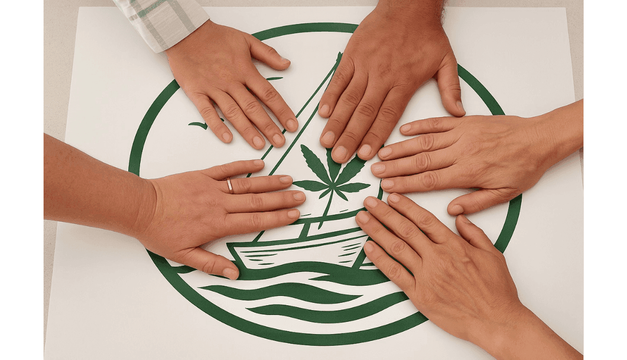 Hände liegen auf dem Logo ,welches auf dem Tisch liegt